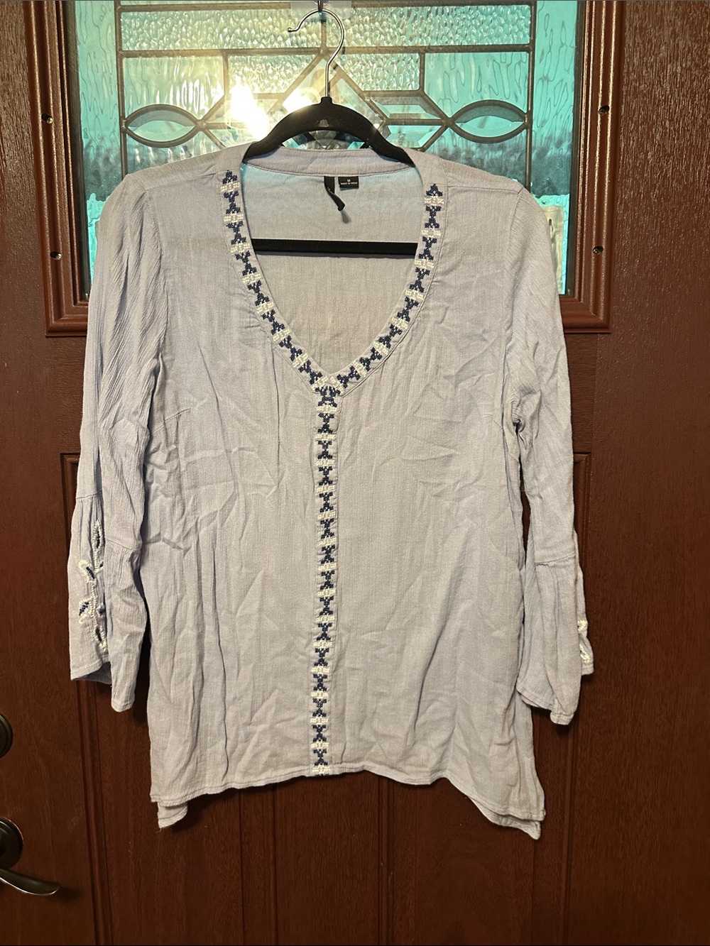 new directions Light Blue V-Neck Embroidered Tunic